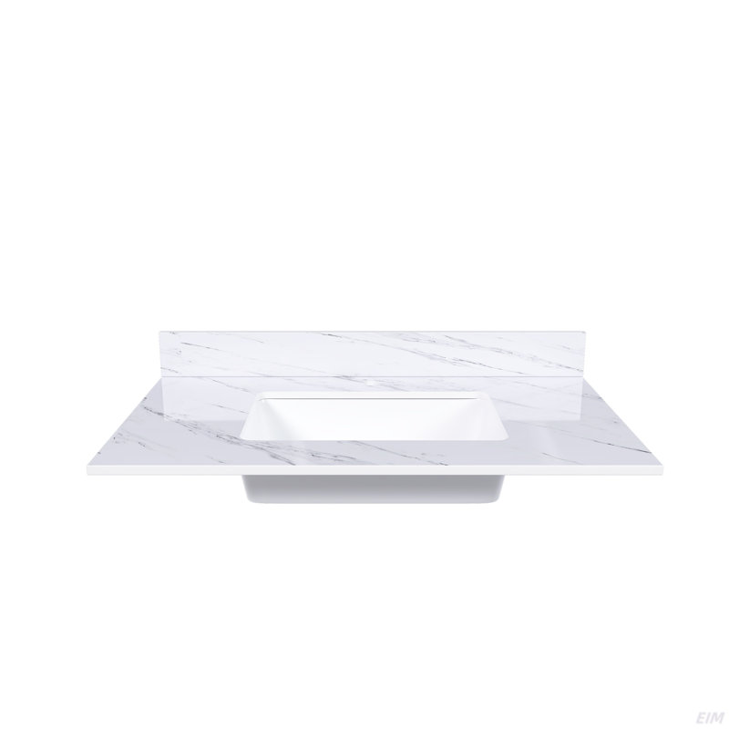 Comptoir de meuble-lavabo 37 po, comptoir blanc avec 1 trou pré-percé, comptoir de salle de bain avec lavabo central encastré rectangulaire et dosseret de 4 po de hauteur, Bianco Carrara Venato