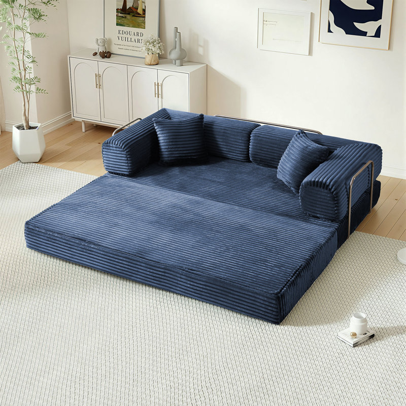 Hartwig 80"W Convertible Folding Sofa Bed, Corduroy Upholstered King Size Compression Foam Floor Couch In a Box, Blue