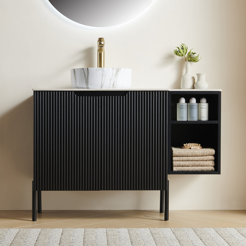 Meuble-lavabo convertible de 42 pouces, autoportant ou mural, avec lavabo à poser, armoire de rangement avec deux portes et une tablette latérale ouverte. Meuble-lavabo complet pour une rénovation de salle de bain moderne.