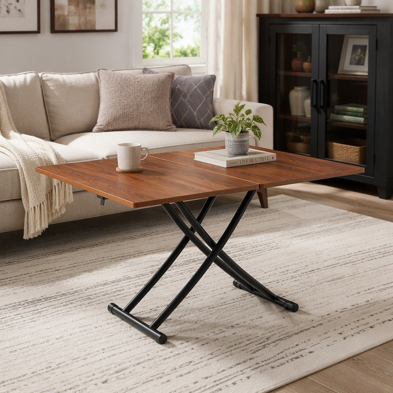 Table relevable multifonctionnelle minimaliste et moderne avec plateau en MDF de 2 cm d'épaisseur et pieds en métal, pouvant servir de coiffeuse, table basse, table à manger ou table de bureau.