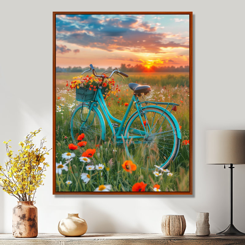 «Blue Beach Bike In Spring Flower Field Sunset», impression d'art mural vélo, Cadre flottant brun, H 32 po x l 24 po x P 1 po
