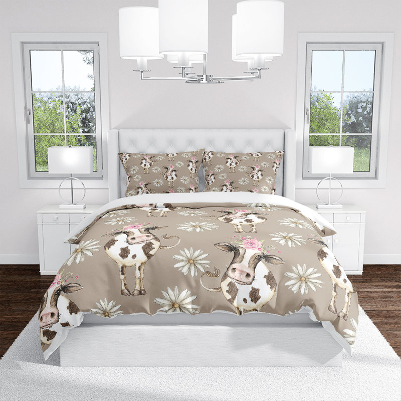  Ensemble de housse de couette Cow and Daisy, Housse de couette simple et 2 taies décoratives