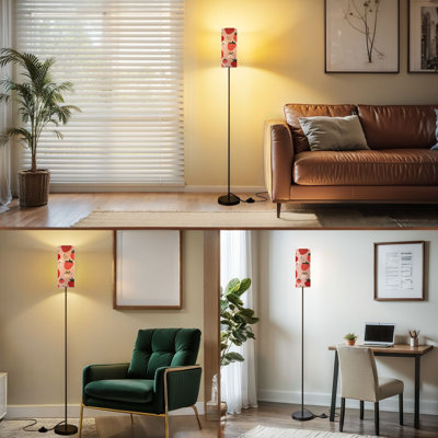  68.5" Standing Floor Lamp Seamless strawberry green leaves flower ribbon bow pink Dimmable Metal Pole Lamp with Linen Lampshade LED Bulb Included