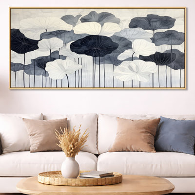 Étang de lotus gris - Impression sur toile encadrée de feuilles