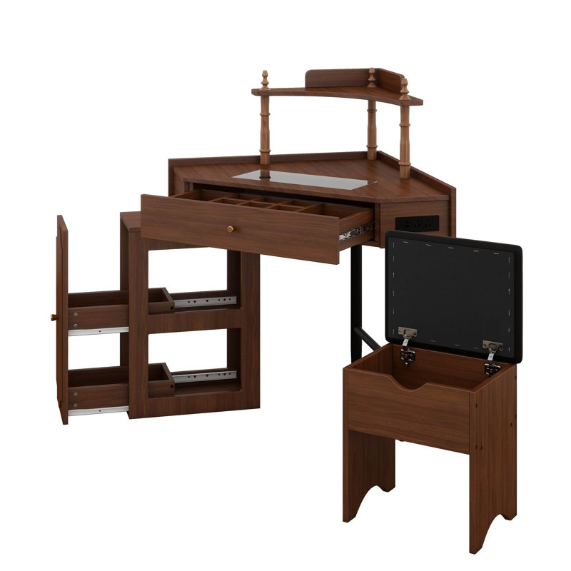 Corner Makeup Vanity Desk With Stool And Charging Station, L-Shaped Glass Top Dressing Table With Removable Cabinet, Drawer And Storage Shelf