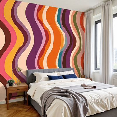 Peel and Stick Wallpaper 96" W x 69" H Modern Self Adhesive Wall Mural for Bedroom Groovy lines abstract seamless Retro 1970s nostalgic geometric Simple