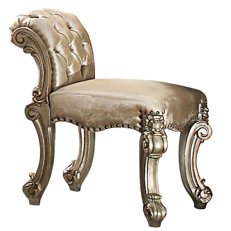 Tabouret de coiffeuse rectangulaire à finition antique, revêtement brun, 28 po de hauteur x 25 po de largeur, 20 po de profondeur, classique avec accents de patine dorée, base à volutes larges
