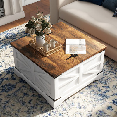 Farmhouse Square Storage Coffee Table with Hinged Lift Top for Living Room
