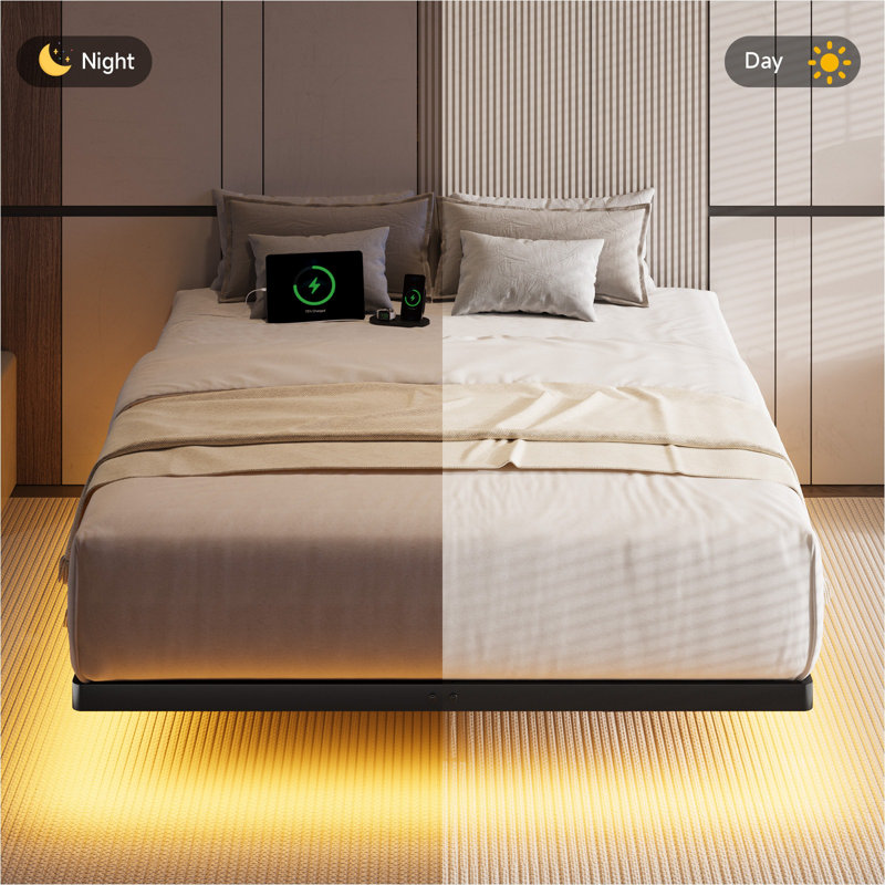 Floating Bed Frame with LED Lights Metal Slats Underbed Storage Space No Box Spring, Queen