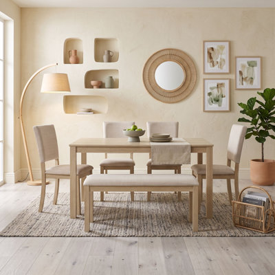 Wood Dining Table Set with Bench and Four Upholstered Chairs