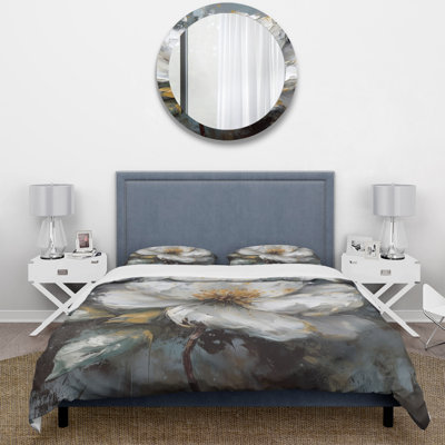 Vibrant White Grey Peony Flower BeddingMicrofiber / Polyester Duvet Cover Set