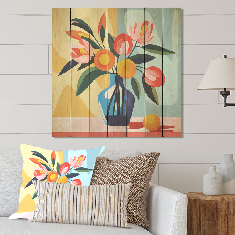Henri Matisse Style Boho Flower Bouquet I - Boho Pottery On Wood Print, 15" H x 15" W