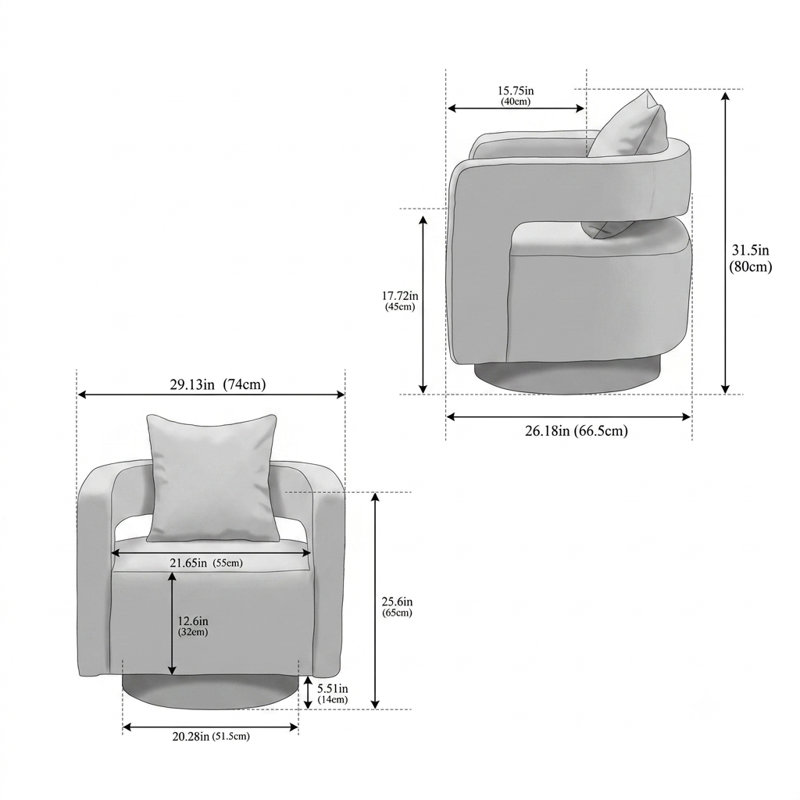 Chaise d'appoint pivotante moderne l 29,13 po avec dossier incurvé ouvert, Blue