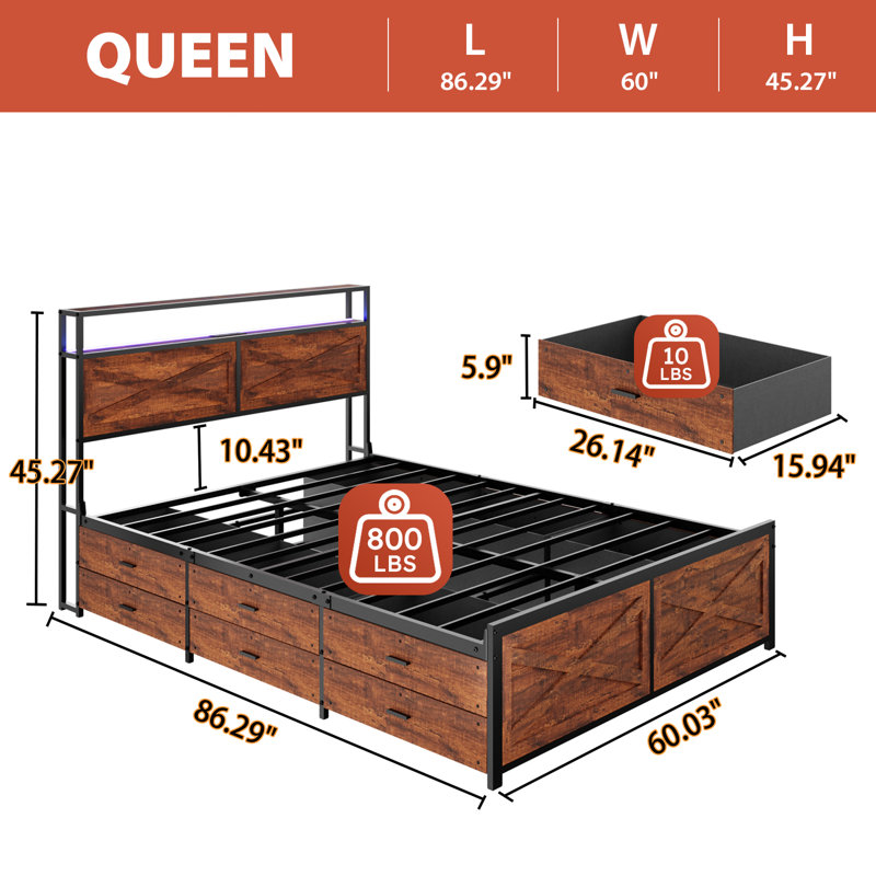 Queen/King Size Storage Bed Frame With 12 Drawers, USB Charging Station, LED Lighting, And Sturdy Metal Foundation, Queen