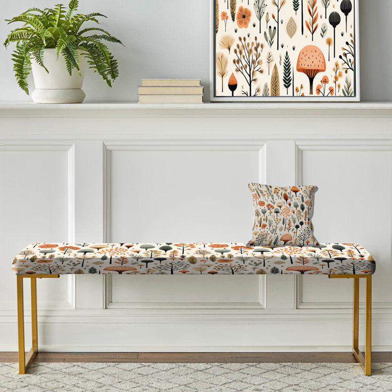 Orange And Grey Serene Woodland Charm - Botanical Upholstered Gold Bench, Orange And Grey Serene Woodland Charm