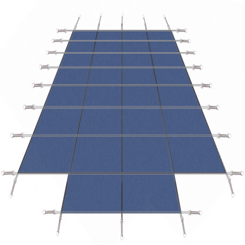 Couverture de sécurité rectangulaire pour piscine creusée de 5,5 m x 11 m avec marche centrale de 1,2 m x 2,4 m, en maille PP haute résistance avec accessoires de fixation, maille bleue