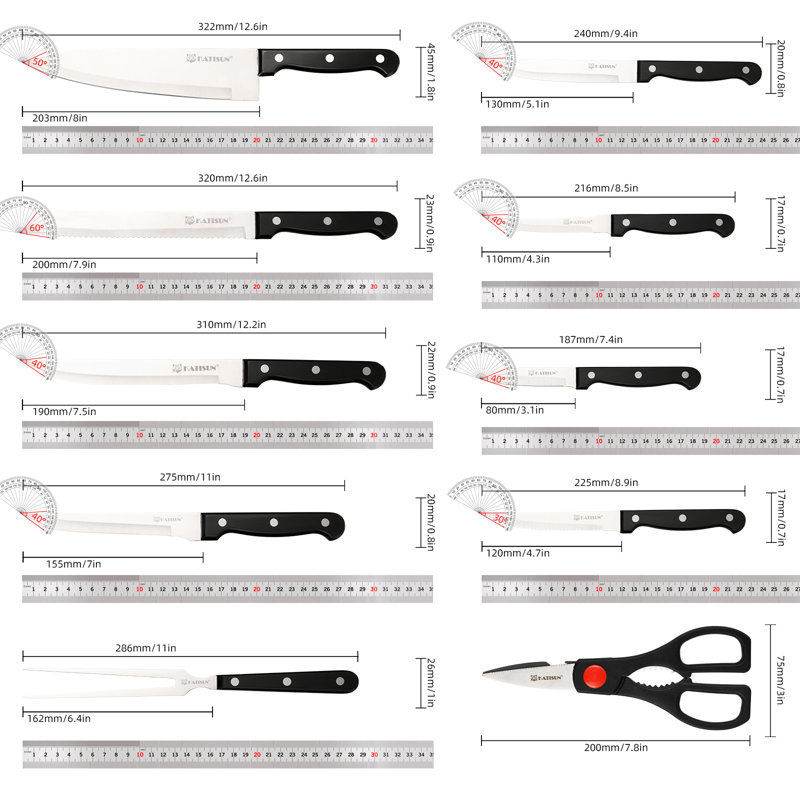Ensemble de 19 couteaux en acier allemand, résistants et compatibles avec le lave-vaisselle. Comprend un bloc de rangement avec affûteur intégré pour hacher, trancher, couper en dés et découper.