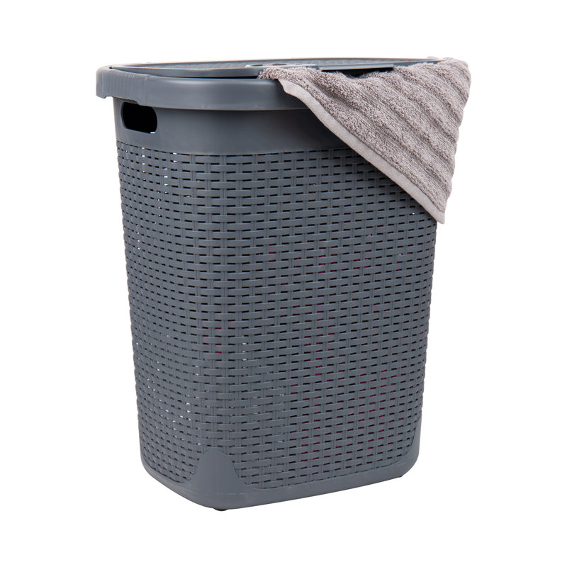 Gray Collapsible Wicker Design Upright Laundry Hamper with Lid