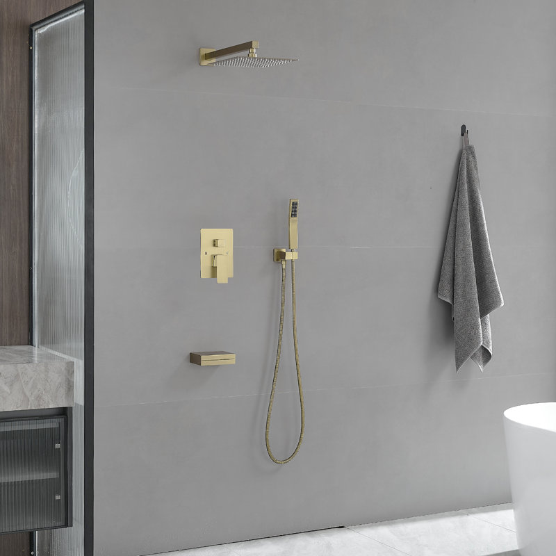 Robinet de baignoire et de douche à poignée simple à 1 jet avec 12 po Pomme de douche et douche à main en or brossé (valve incluse)