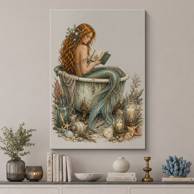 Coastal Mermaid Reading In Vintage Tub Artwork, Bathroom Pictures, Framed Canvas Giclee Print Wall Art