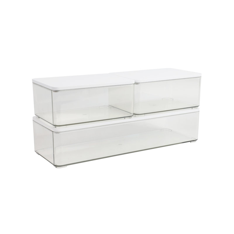 Thomas Martha Stewart Stackable Plastic Storage Box Set with Wooden Lids, Clear/White