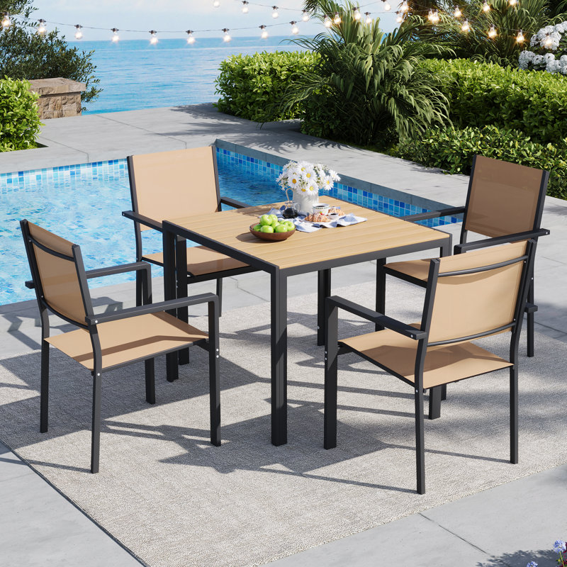 5 Piece Outdoor Patio Dining Set With 1 Square Patio Table & 4 PVC-coated polyester Stackable Chairs, Patio Dining Furniture For 4, Wpc Tabletop And All-weather Resistant Iron Frame, Suitable For Garden, Backyard And Deck, Brown