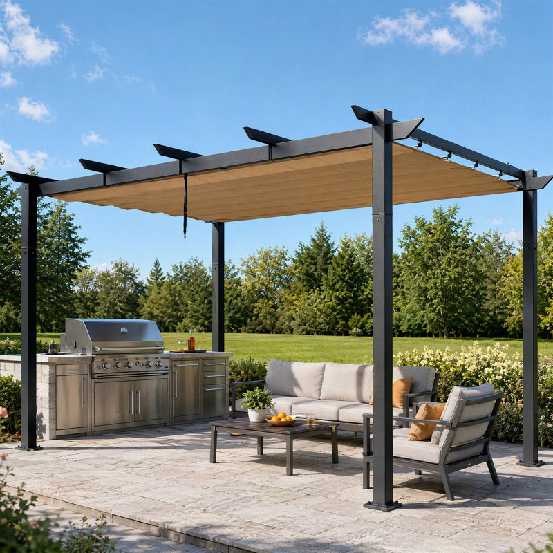 Pergola extérieure rétractable 13 pi x 10 pi avec auvent beige et base d'ancrage, 13 ft. W x 10 ft. D, Beige