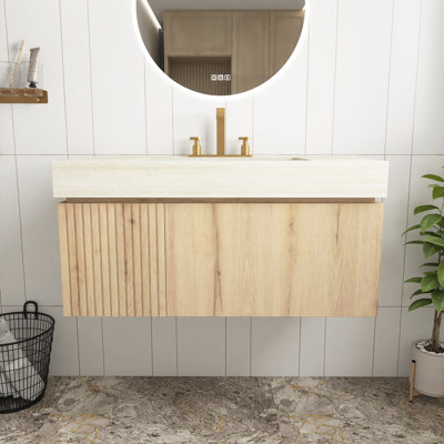 Meuble-lavabo en bois blanc à grain de bois de 36 po avec lavabo, comptoir en pierre frittée Roma Travertine et lavabo en céramique avec 3 trous de robinet pré-percés, armoire de rangement en contreplaqué flottant avec tiroir et porte, pré-assemblé