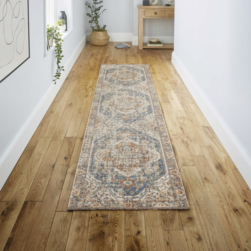 Tapis bleu / crème Kilesha Bold, Tapis de couloir 2 pi x 7 pi 10 po