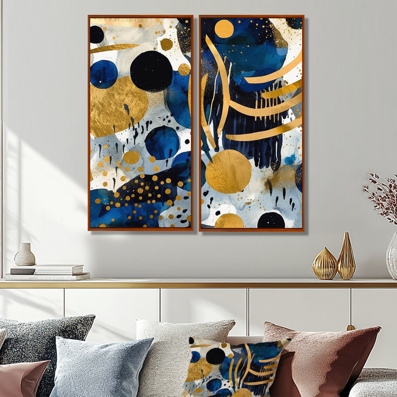 Motif abstrait avec textures bleues et dorées XIXème - Art mural moderne bleu 2 panneaux, 32" H x 32" W, Brown