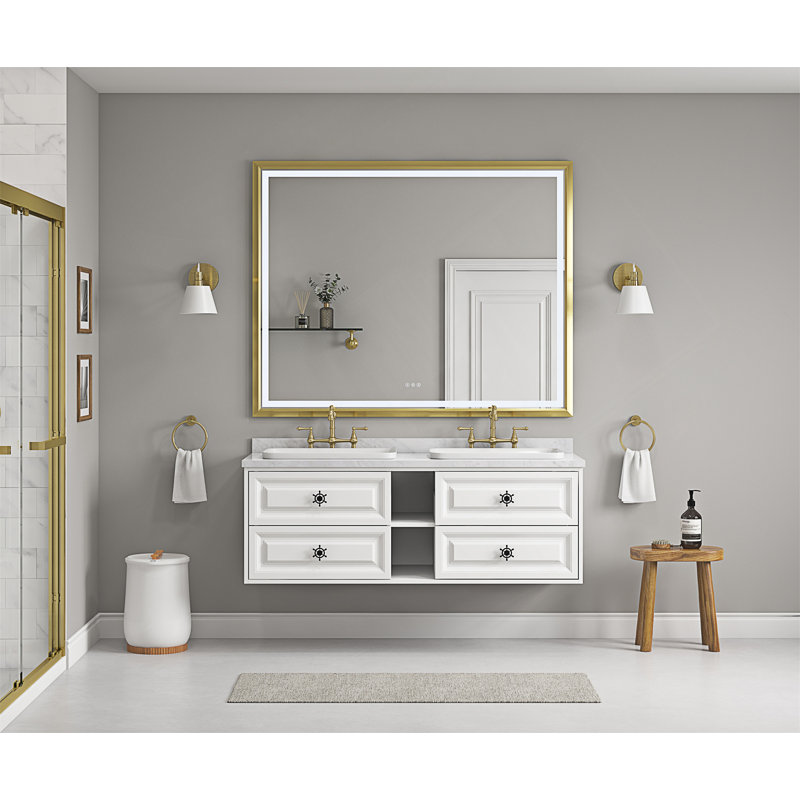  Miroir de salle de bain à DEL avec cadre en aluminium, miroir de meuble-lavabo mural, antibuée, mémoire, 3 couleurs, gradation continue