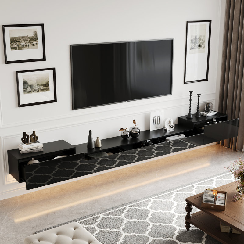 Wall-Mounted TV Console With Gloss Black Finish & 3-Color LED Lighting