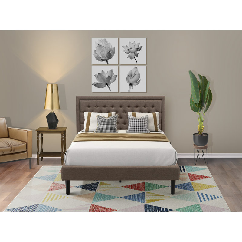 Ensemble de chambre à coucher 2 pièces pour grand lit - 1 lit plateforme avec tête de lit capitonnée en tissu et tissu de lin brun grand et 1 table de chevet en bois - Table de chevet au fini noyer antique
