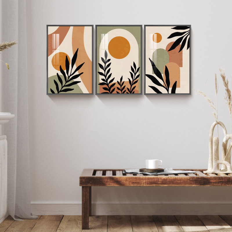 Boho, œuvre d'art encadrée sur toile, 3 pièces, H 16 po x l 36 po x P 1 po, Noir
