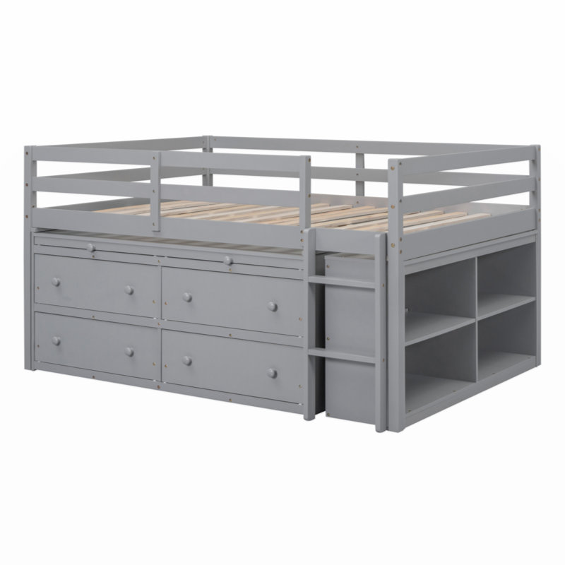 Henorel Kids Loft Bed with Desk, Dresser and Bookcase, Gray, Full/Double