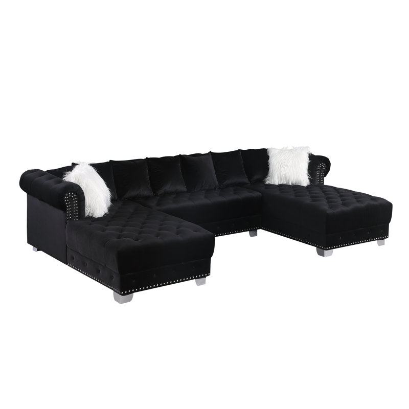 Florestan Velvet U-Shaped Sectional Symmetrical, Gray Velvet, Silver