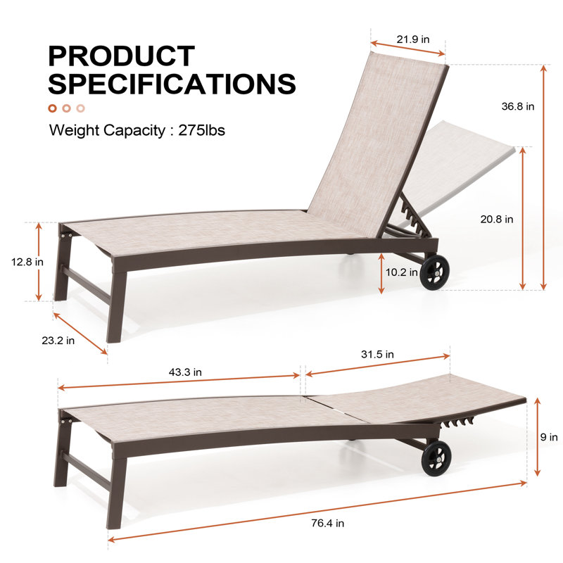 Jedidja Aluminum Adjustable Reclining Outdoor Chaise Lounge Chair Set with Wheels, Beige