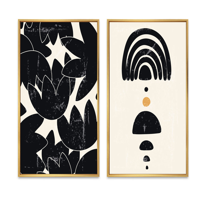 Ensemble de 2 peintures monochromes esthétiques rétro géométriques I, H 32 po x l 32 po x P 1 po, Toile avec cadre doré