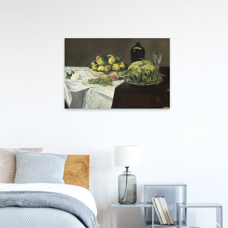 Nature morte au melon et aux pêches, vers 1866. Estampe d'art mural impressionniste abstraite contemporaine représentant des fleurs et des fruits.