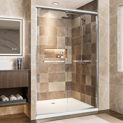 44"-48" W X 72" H Chrome Aluminum Frame Double Sliding Shower Door, 1/4" (6Mm) Clear Tempered Glass With Explosion-Proof Film, Dual Stainless Steel Handles