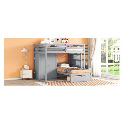 Lit superposé double au-dessus de simple avec rangement pour escalier, garde-robe et tiroirs - Structure de lit pour enfant en bois massif gris