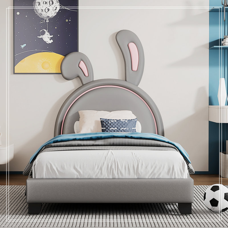 Upholstered Platform Bed Frame With Headboard, Gray, Twin