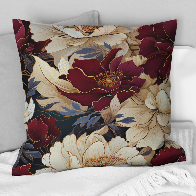 Coussins décoratifs à motif floral de coquelicots riches et beiges et rouges, H 16 po x l 16 po