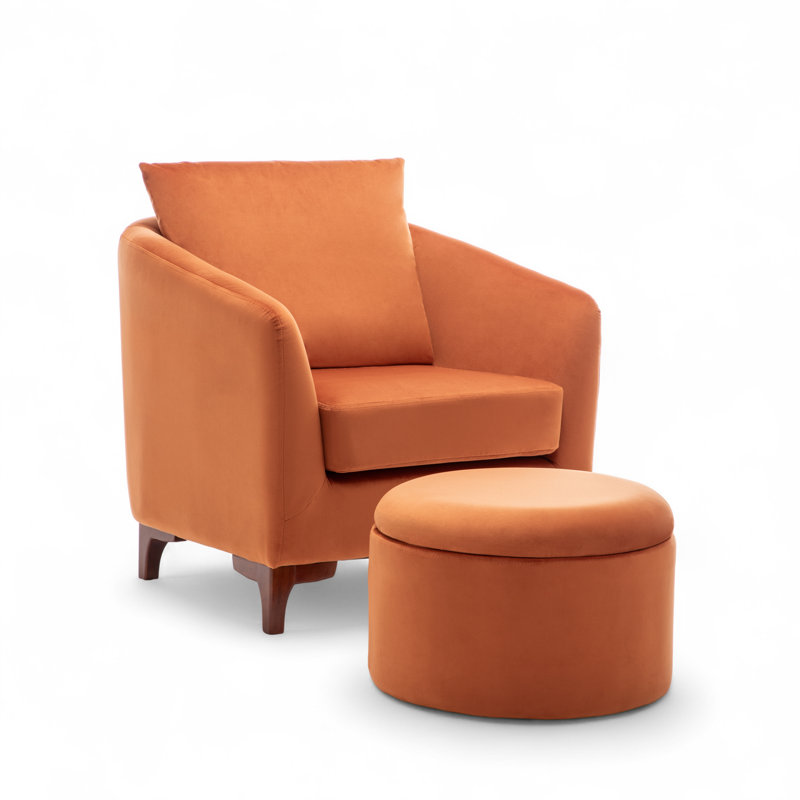 Upholstered Barrel Chair with Footstool, Orange Velvet