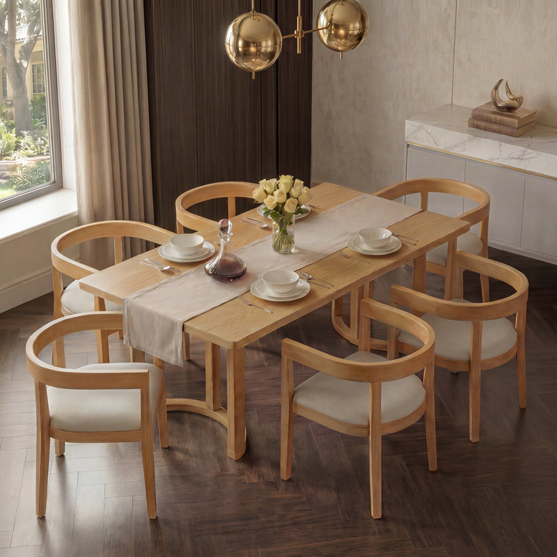Ensemble de table de salle à manger 7 pièces pour 6 personnes, ensemble de table de cuisine rectangulaire avec 6 chaises rembourrées à dossier demi-tonneau, table de salle à manger grain de bois avec dossier incurvé et sièges rembourrés