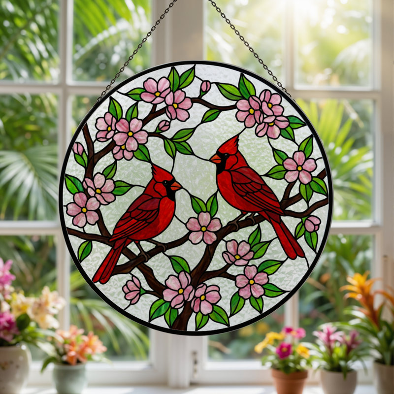 Vitrail de vitrail H 7,8 po Cardinal Blossom, 7.8" H x 7.8' W