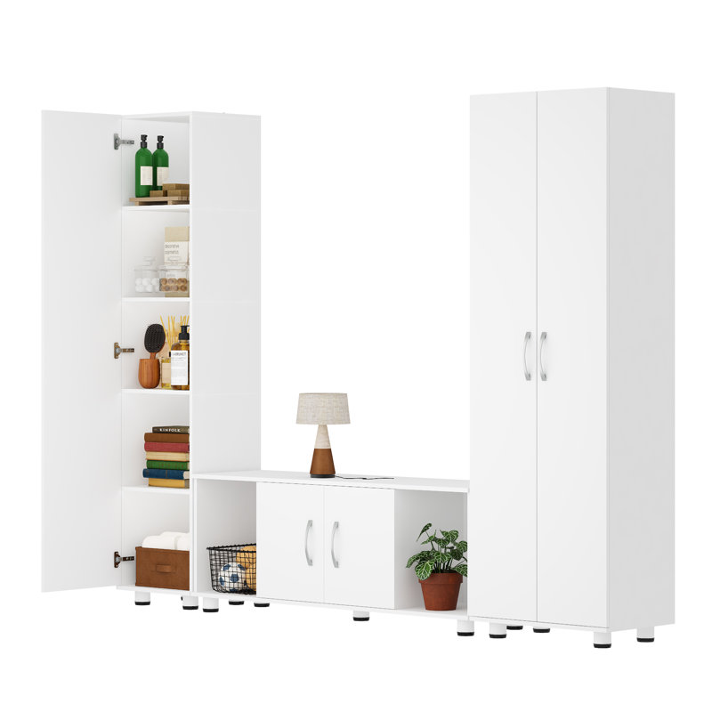 3-Piece Modular Kitchen & TV Stand Storage System, Professional 77" Utility Collection with SGS Anti-Tip Safety, Customizable Cabinet Suite in Sleek White