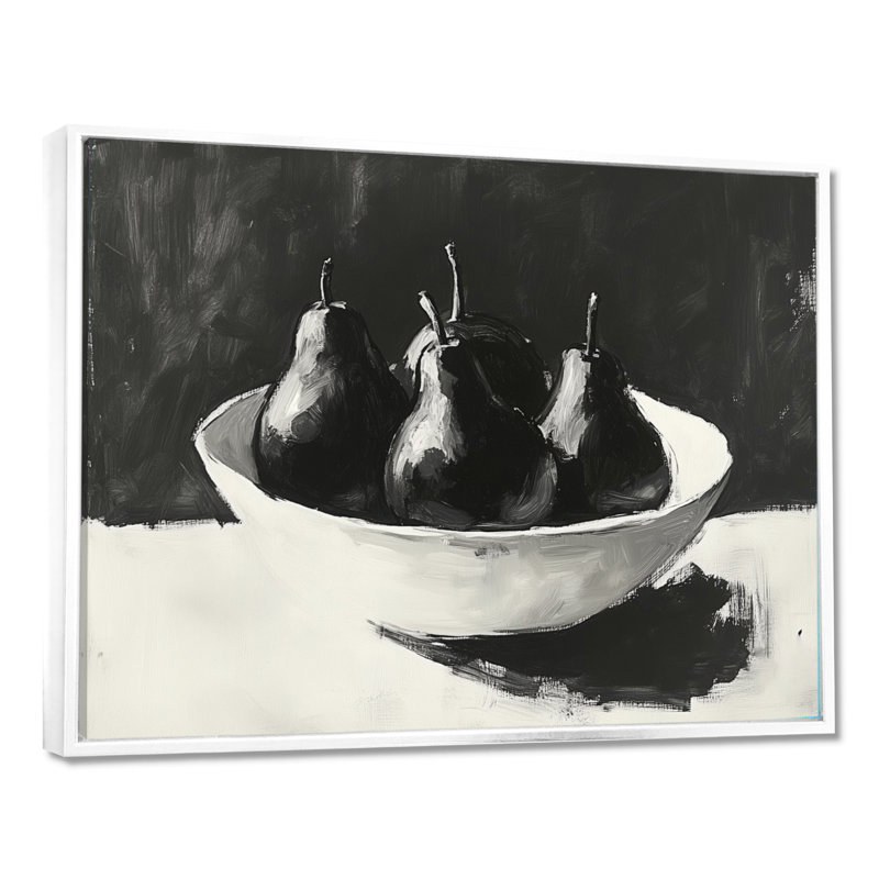 Bol monochrome silencieux I - Poires, œuvre d'art murale encadrée, H 34 po x l 44 po, Cadre flottant blanc