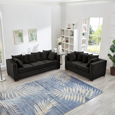 Canapé en velours gris 2 + 3 places de style moderne avec clous carrés et argentés, sièges à ressorts confortables à haute élasticité, housses de coussin lavables, rangement sous assemblage requis en bois massif à 5 places