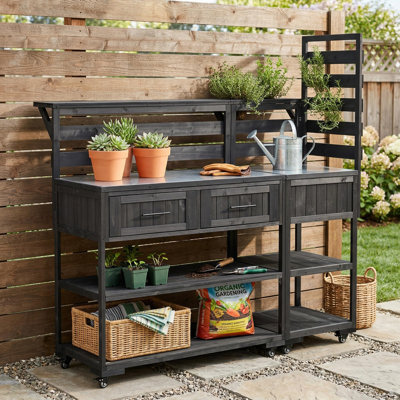 Banc de rempotage modulaire 62,3 po avec tiroirs, table de travail de jardin en bois massif avec plateau en acier inoxydable et tablette surélevée
